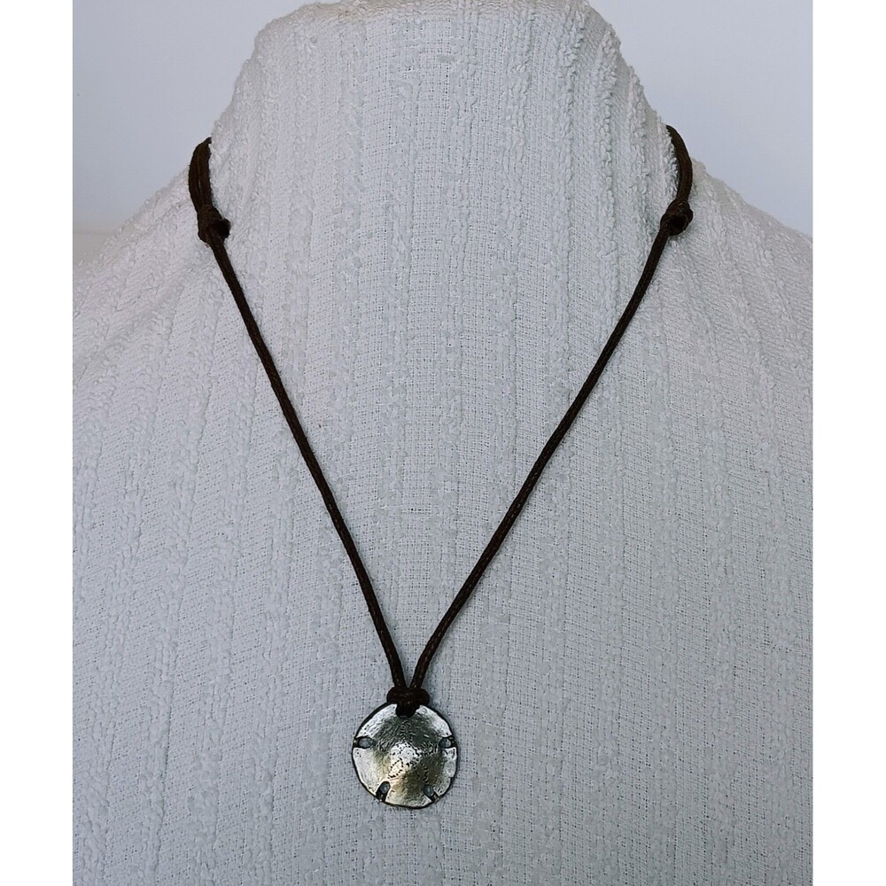 Boho Pewter Sand Dollar Pendant Necklace Adjustable Brown Cord 22 in